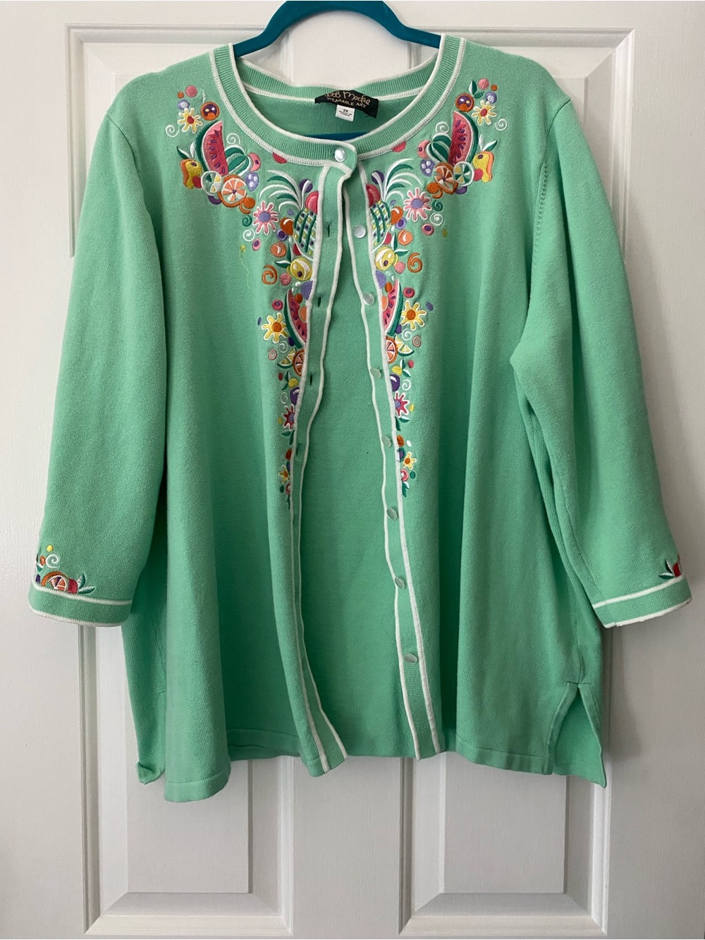 Bob Mackie Mint Green Embroidered Button Cardigan